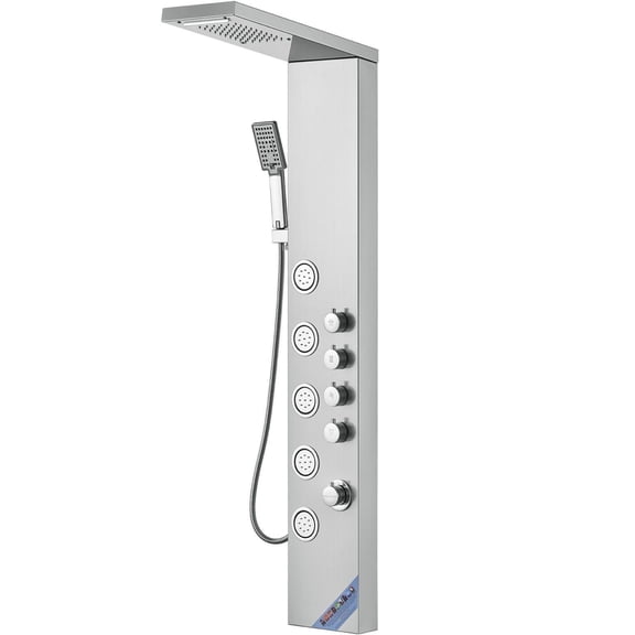 Luxury Shower System with 4 Functions - Overhead Rainfall, Waterfall, 5 Massage Jets & Handheld Spray, 59" Hose - Stainless Steel Wall-Mounted Design