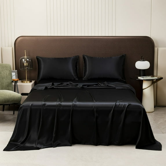 Luxury Silk Bed Sheets & Pillowcases Set-Soft Solid Matte Satin Hotel Quality,Full Size