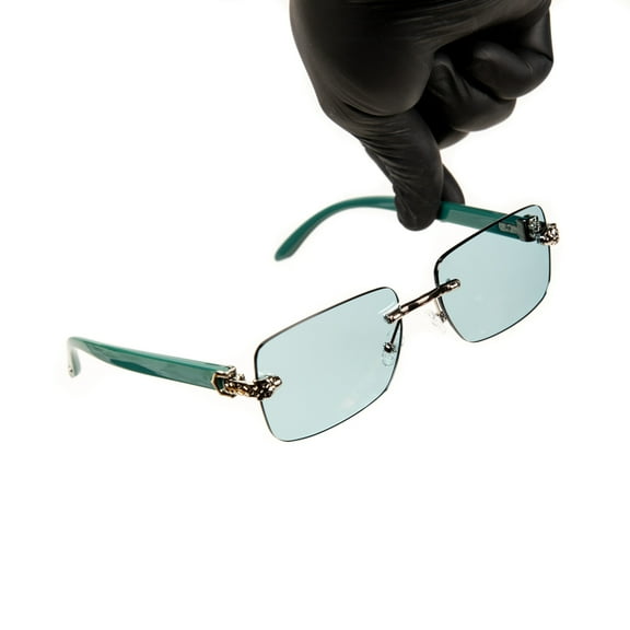 Luxury Silver Frame Unisex Rectangular Rimless Turquoise Tint Lens Retro 90's Stylish Leopard Head Hip Hop Sun Glasses Frameless Square Buffs Summer Shades Sunglasses