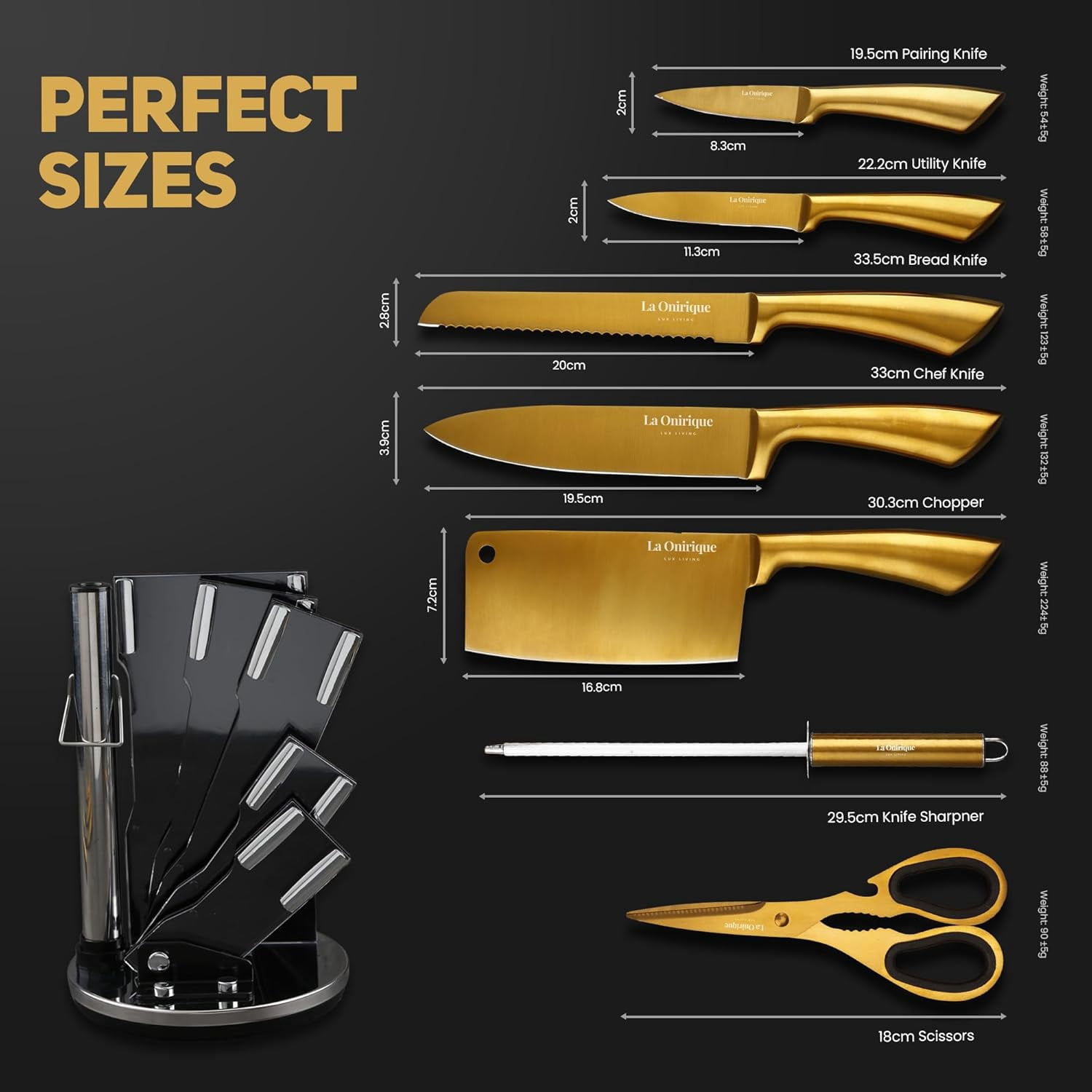 Luxury Silver & Gold Kitchen Knife Set with Block & Sharpener – 8-Piece -Coated Stainless Steel Knives, Super  Cutlery Tools for Home Cooking