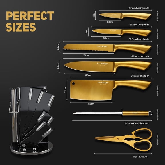 Luxury Silver & Gold Kitchen Knife Set with Block & Sharpener – 8-Piece -Coated Stainless Steel Knives, Super Cutlery Tools for Home Cooking