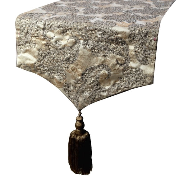 Luxury Silver & Gold Table Runner 8 - 10 Seater Table Runner (16 x 120 inch), Paisley, Beaded & Foil with Tassels Table Runner, Silk fabric Table Linen, Paisley - Paisley Luxury