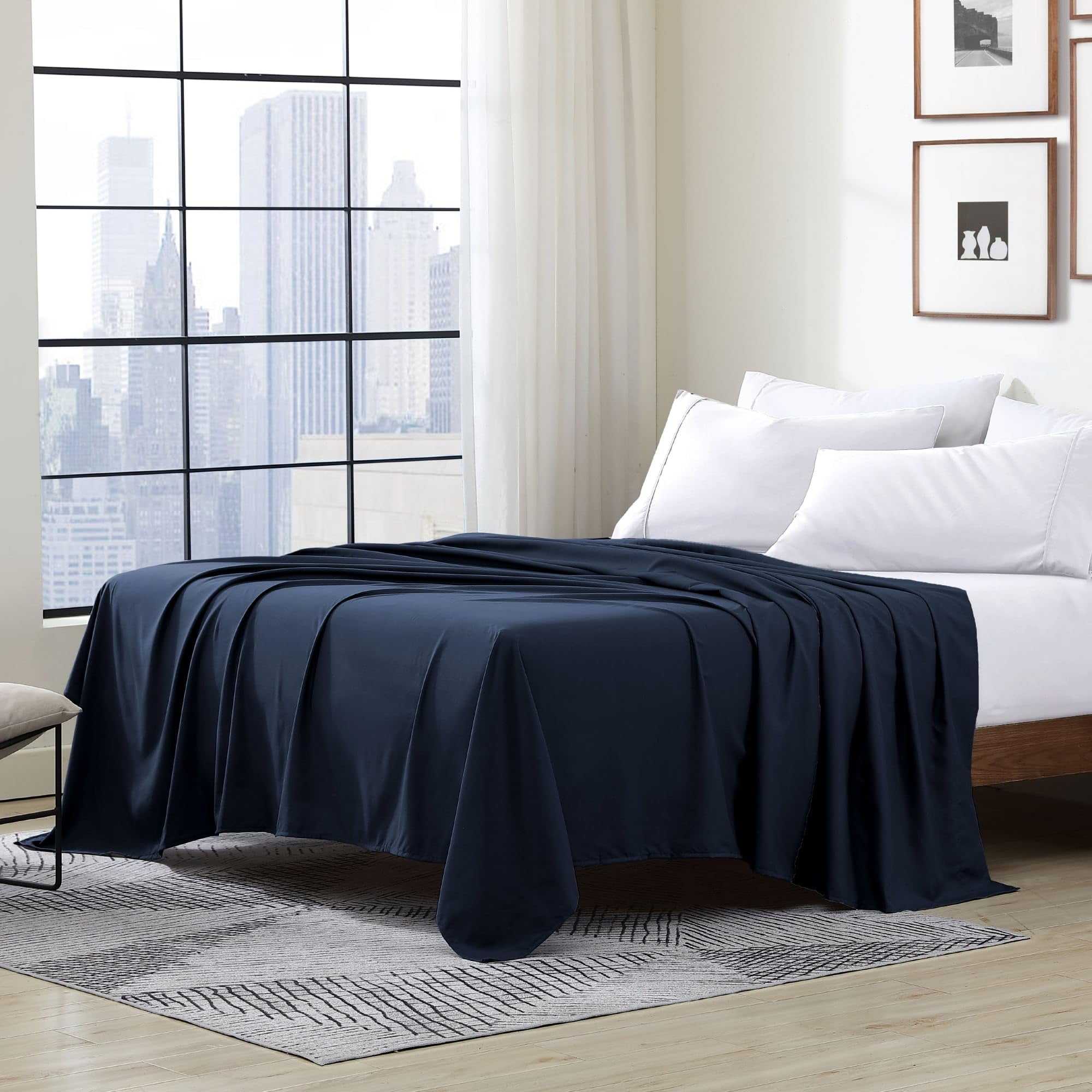 Luxury Single Flat Sheet, Twin (66 x 96), Navy Blue Hypoallergenic