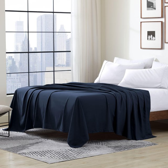 Luxury Single Flat Sheet, Twin (66 x 96), Navy Blue Hypoallergenic