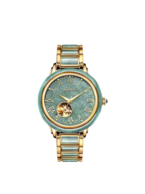 Luxury Skeleton Dial Automatic Mechanical Couple Watch with Natural Jade Inlay Wristwatch