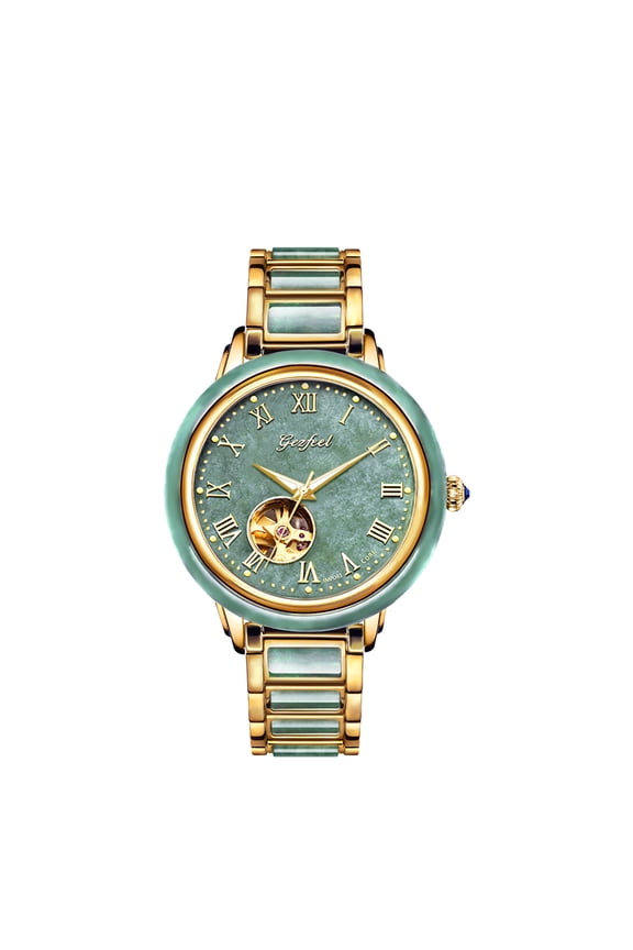 Luxury Skeleton Dial Automatic Mechanical Couple Watch with Natural Jade Inlay Wristwatch