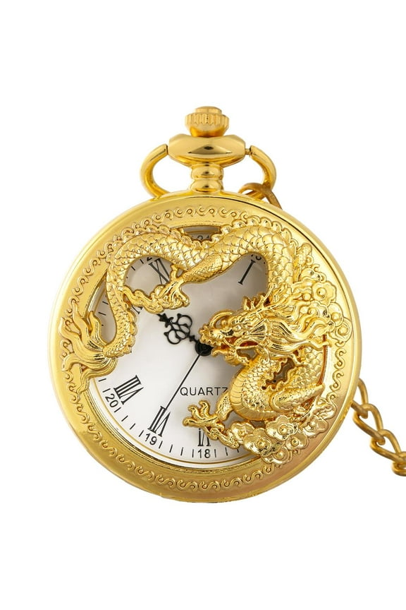 Luxury Skeleton Dragon Quartz Pocket Watch With Chain For Men Women Boys Dragon Lovers Roman Pocket Watch Gift For Father's Day Xmas Birthday