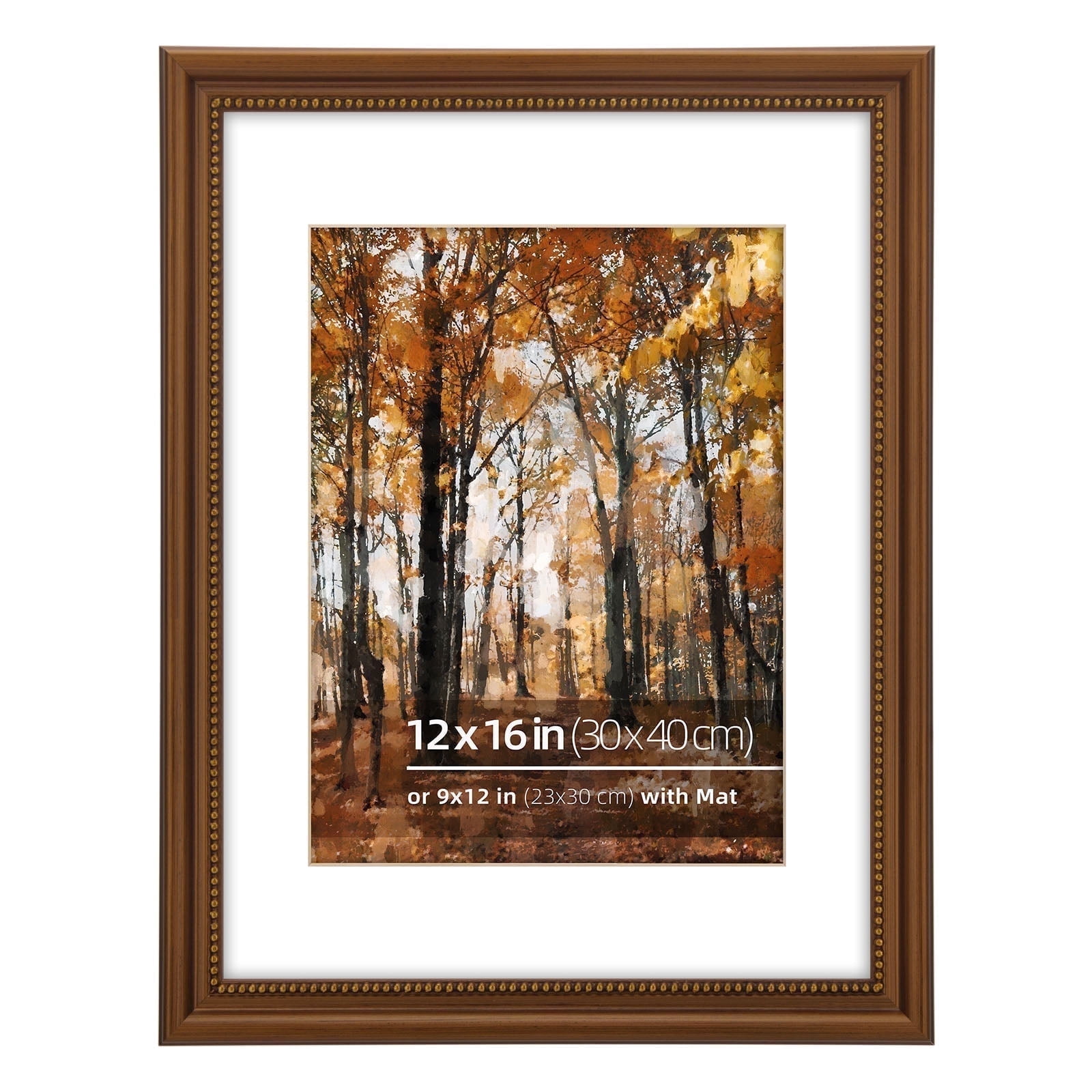 12x16 in Wood Classic Gallery Poster Picture Frame, Gold Ornate Beaded Inner, Matted for 9x12 Photo, Multiple Way Display, Brushed Brown Brass