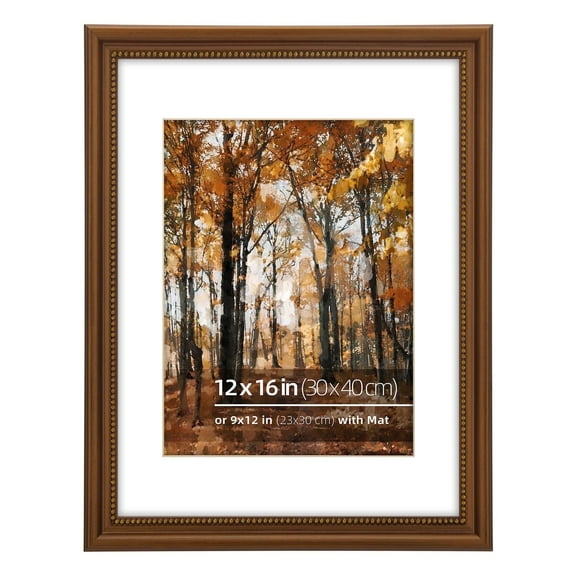 12x16 in Wood Classic Gallery Poster Picture Frame, Gold Ornate Beaded Inner, Matted for 9x12 Photo, Multiple Way Display, Brushed Brown Brass