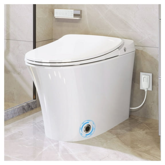 Luxury Smart Toilet with Dryer and warm water, Elongated Bidet Toilet with Heated Seat, with Remote Control, LED Night Light, Power Outage Flushing, Soft Close Cover,Whit