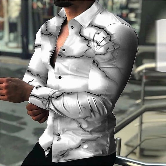 Luxury Social Men Shirts - Casual Hawaiian Turn-Down Collar Buttoned Shirt Vintage Flowers Print Long Sleeve Tops Gray 3XL