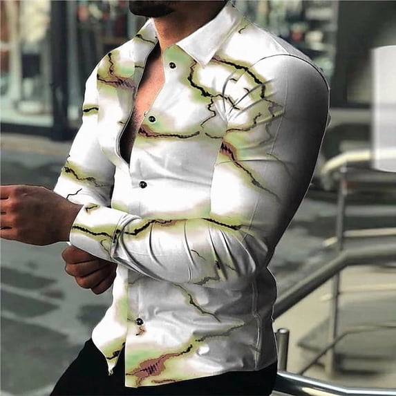 Luxury Social Men Shirts - Casual Hawaiian Turn-Down Collar Buttoned Shirt Vintage Flowers Print Long Sleeve Tops White XL