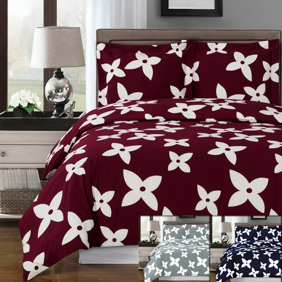 Luxury Soft 100% Cotton 3 Piece Duvet Cover Set Printed - King/California King - Desiree Burgundy
