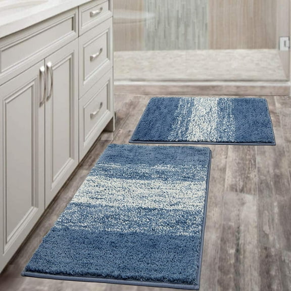 Luxury Soft Bathroom Rugs Set of 2, Non Slip Washable Plush Bath Floor Mats, Microfiber Shaggy Absorbent Striped Bath Carpet for Tub, Bathroom and Shower (18''x26''+20''x32'', Blue)