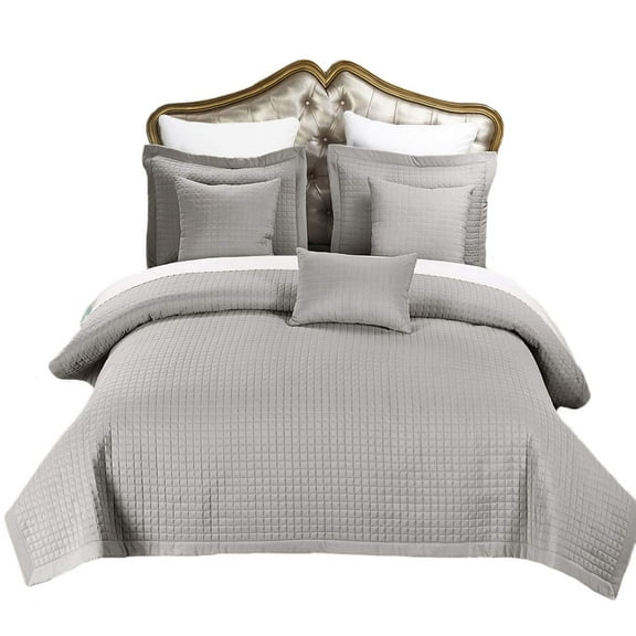 Luxury Soft Checkered Diamond Stitched 3 Piece Coverlet Set Wrinkle-Free Reversible All Season Mini Bedspread Set -Gray-Full/Queen