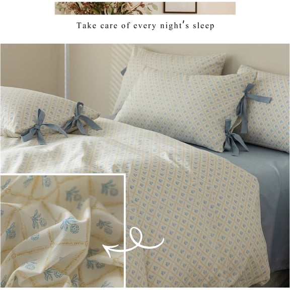 Luxury Soft Comforter Set King Size 3 Piece Blue Floral Coquette Bedding with Bowknot Pillowcases