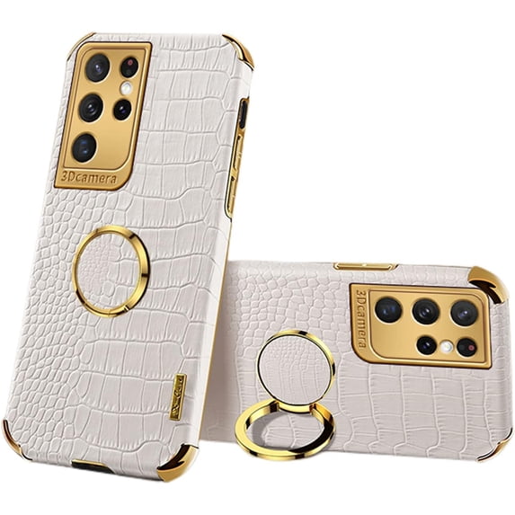 Luxury Soft Leather Phone case with Rotatable Finger Ring Bracket for Samsung Galaxy A14 A34 A54 M33 M53 5G Four Corner Reinforcement Protective Cover(White,A14 5G)