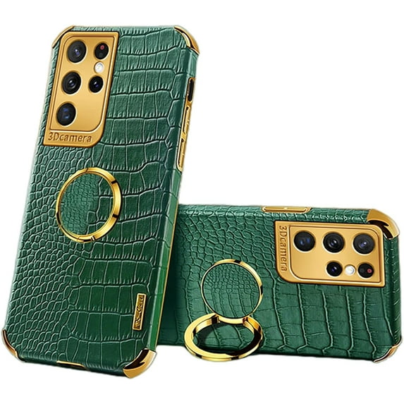 Luxury Soft Leather Phone case with Rotatable Finger Ring Bracket for Samsung Galaxy S20 S10 Ultra Plus Lite FE Four Corner Reinforcement Protective Cover(Green,S10 Lite)