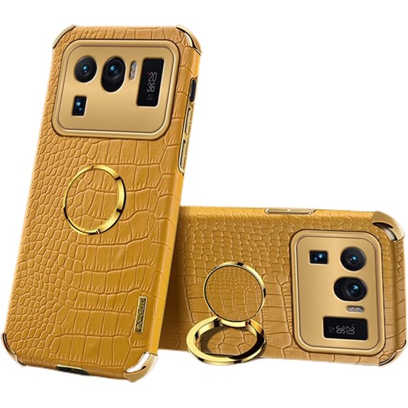 Luxury Soft Leather Phone case with Rotatable Finger Ring Bracket for Xiaomi Poco M3 M4 M5 Pro 4G 5G Four Corner Reinforcement Protective Cover(Yellow,Poco M4 5G)