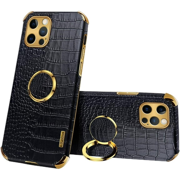 Luxury Soft Leather Phone case with Rotatable Finger Ring Bracket for iPhone 14 13 12 11 Plus Pro Max Mini Four Corner Reinforcement Protective Cover(Black,11)