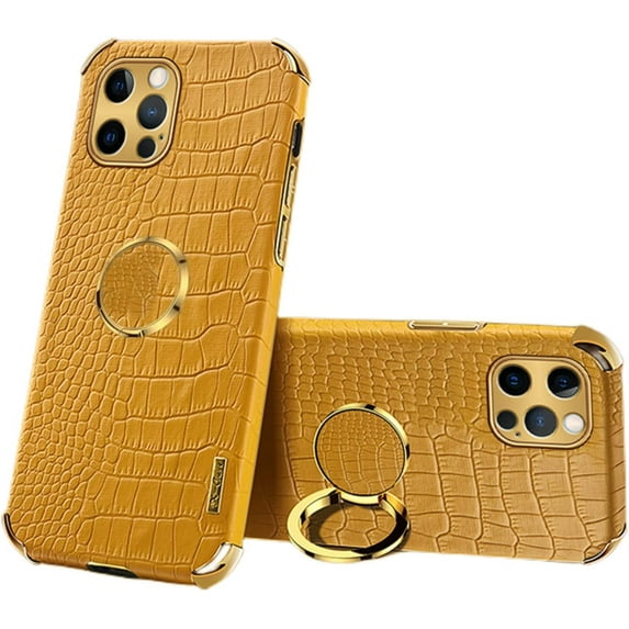 Luxury Soft Leather Phone case with Rotatable Finger Ring Bracket for iPhone 14 13 12 11 Plus Pro Max Mini Four Corner Reinforcement Protective Cover(Yellow,11)