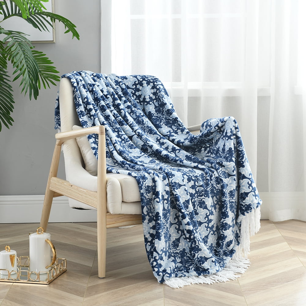 Luxury Soft Printed Flannel Fleece Throw Blanket with Decorative Tassels for Bed,Couch,50" x 60"