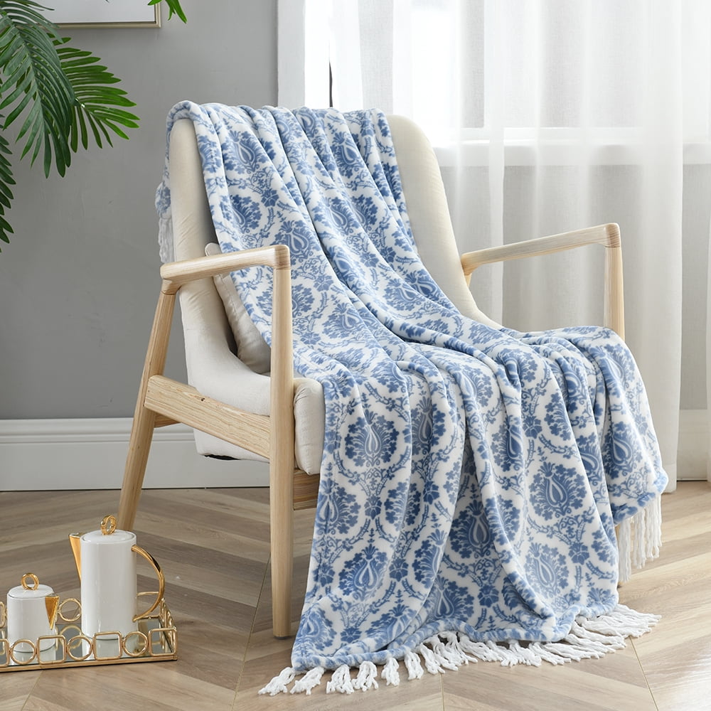 Luxury Soft Printed Flannel Fleece Throw Blanket with Decorative Tassels for Bed,Couch,50" x 60"