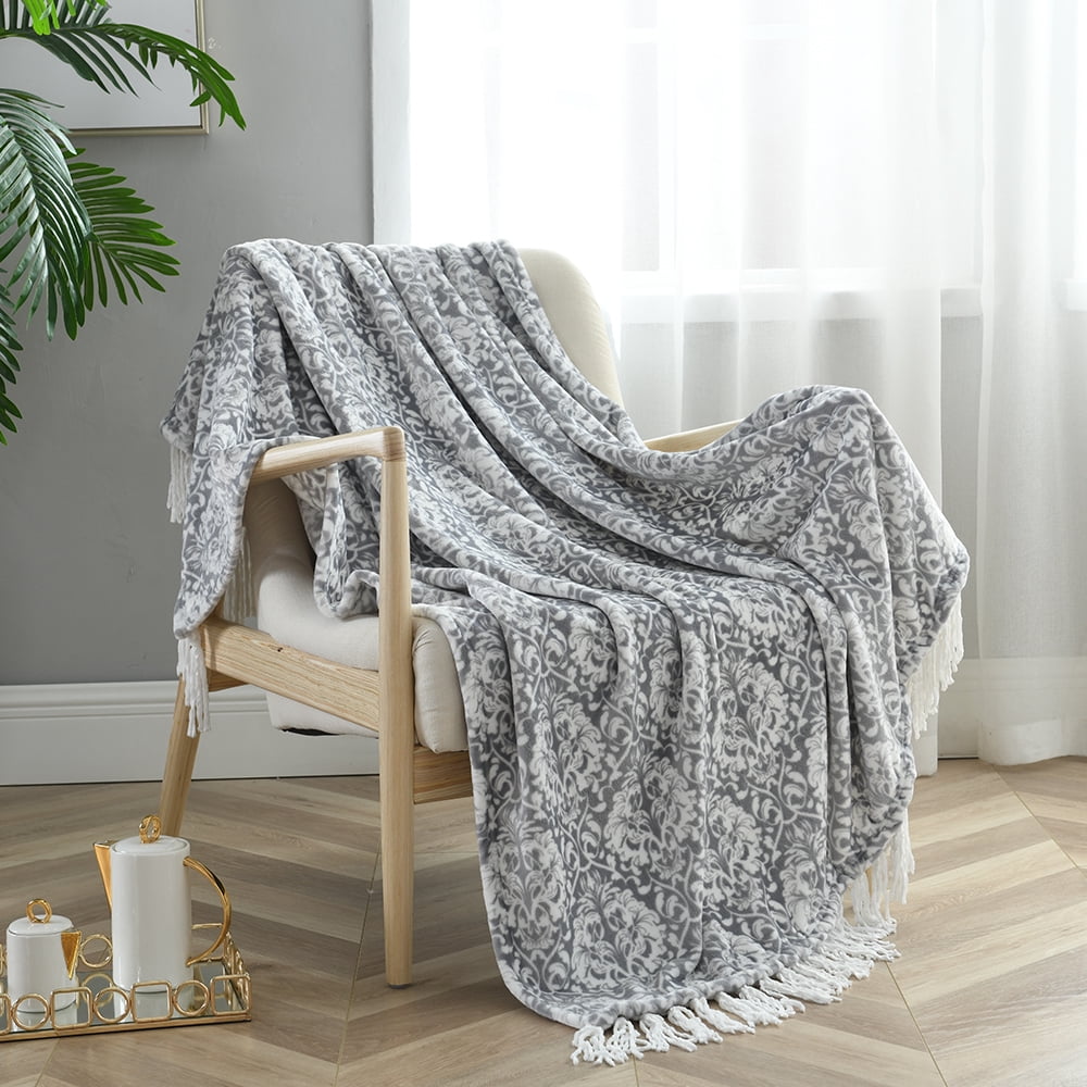 Luxury Soft Printed Flannel Fleece Throw Blanket with Decorative Tassels for Bed,Couch,50" x 60"