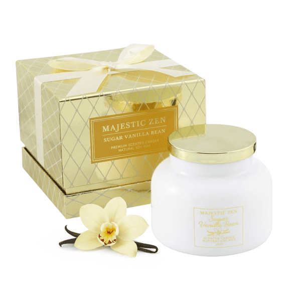 Luxury Soy Candle Vanilla Bean 70 Hour Burn, Glass Jar with Lid Majestic Zen