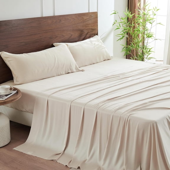 Luxury Split King Sheet Set 100% Viscose from Bamboo, 5Pcs Cooling Bed Sheets with 15" Deep Pockets Breathable & Soft, Perfect for Hot Sleepers (Beige,Split King)