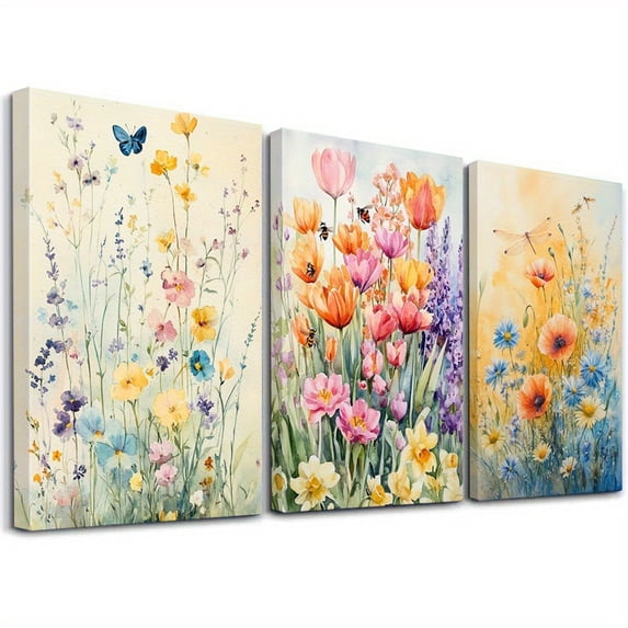 Luxury Spring Flower Watercolor 3-Piece Canvas Decor for Living Room Wall Art
