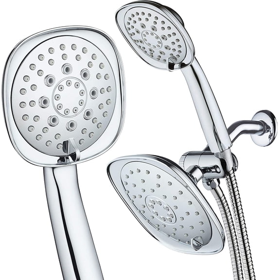 Luxury Square High-Pressure Giant 7.3" Rain Shower Head/Handheld Spa Combo. Extra-Long 72" Stainless Steel Hose, 3-way Flow Diverter, All-Chrome Finish