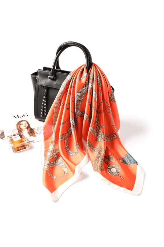Luxury Square Silk Scarf  Elegant Orange Red with Intricate Artistic Pattern, Versatile Fashion Accessory for Women