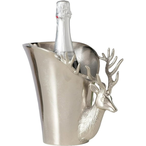 Luxury Stag Head Champagne Bucket, Asymmetrical Flared Opening, Hand Cast, Silver Aluminum, Gleaming Polish, 9 Inches