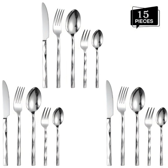 Luxury Stainless Steel Tableware Set, 10/15pcs Diamond Cut Pattern, Mirror Polished, Dishwasher Safe, for 2-3 People, Wedding/Party/Christmas Gift