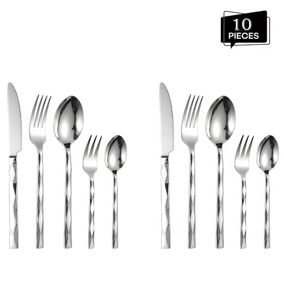 Luxury Stainless Steel Tableware Set, 10/15pcs Diamond Cut Pattern, Mirror Polished, Dishwasher Safe, for 2-3 People, Wedding/Party/Christmas Gift