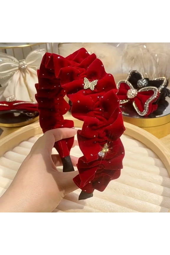 Luxury Starry Rhinestone Velvet Pleated Headband - Elegant Butterfly Design for Holiday Celebrations