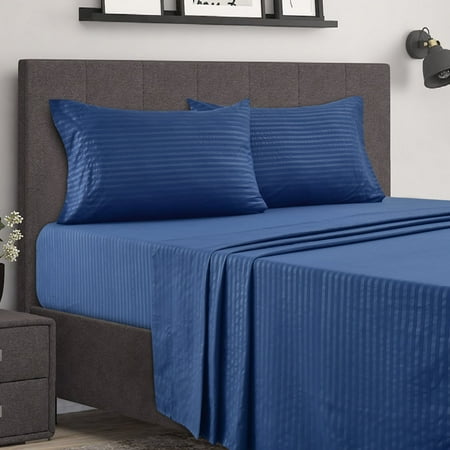 Luxury Stripes Bed Sheet Set (Queen, Navy Blue), 4 Piece Deep Pocket 1800 Series Microfiber Bed Sheet Set Contains (1 Fitted Bed Sheet, 1 Flat Sheet, 2 Pillow Covers)