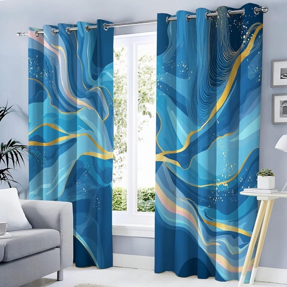 Luxury Stripes Swirling Curtains Blackout Abstract Marble Darkening Curtain Royal Blue Thermal Insulated Window Treatments Decor For Living Room Bedroom Curtain-52"W x 96"L (Pack of 2)