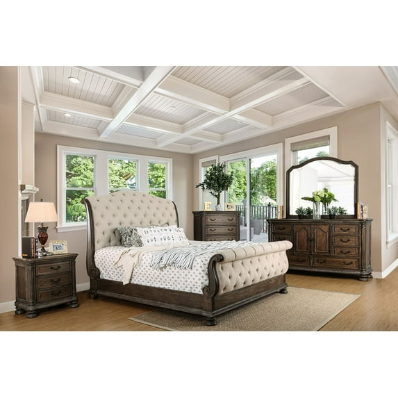 Luxury Stylish Traditional Intricate Wood Carving Rustric Natural Tone Finish California King Size Sleigh Bed Dresser Mirror Nightstand 4pc Set Tufted Fabric HB FB