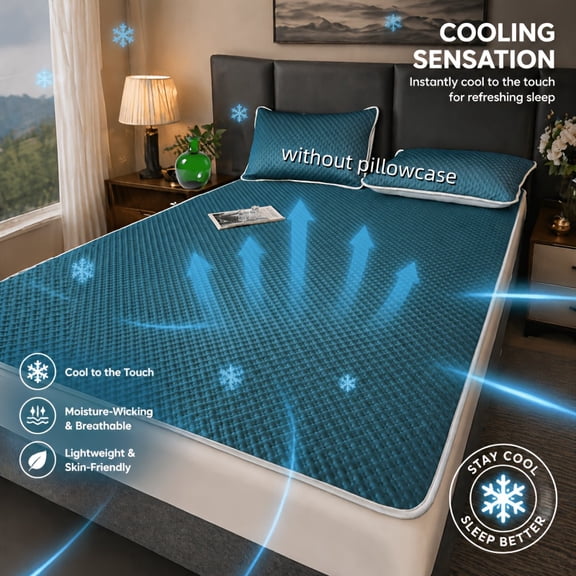 Luxury Summer Cooling Mat, Soft Breathable Waffle Cool Pad with 4 Corner Fix Straps, Washable Foldable Single Double Bed Mat for Bedroom Dorm Camping