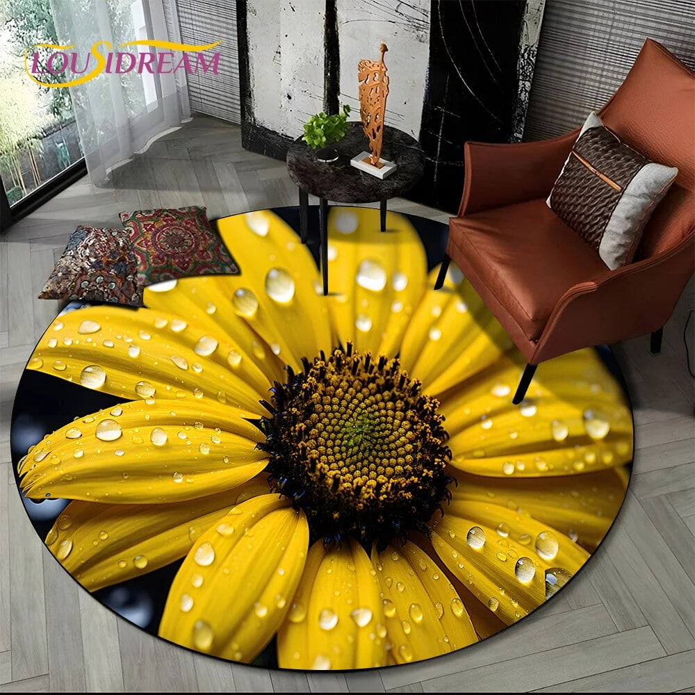 Luxury Sun Flower 3D Rose Nordic Daisy Round Carpet Rug for Living Room Bedroom Sofa Decor Kids