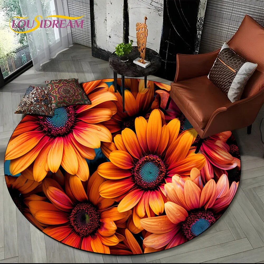 Luxury Sun Flower 3D Rose Nordic Daisy Round Carpet Rug for Living Room