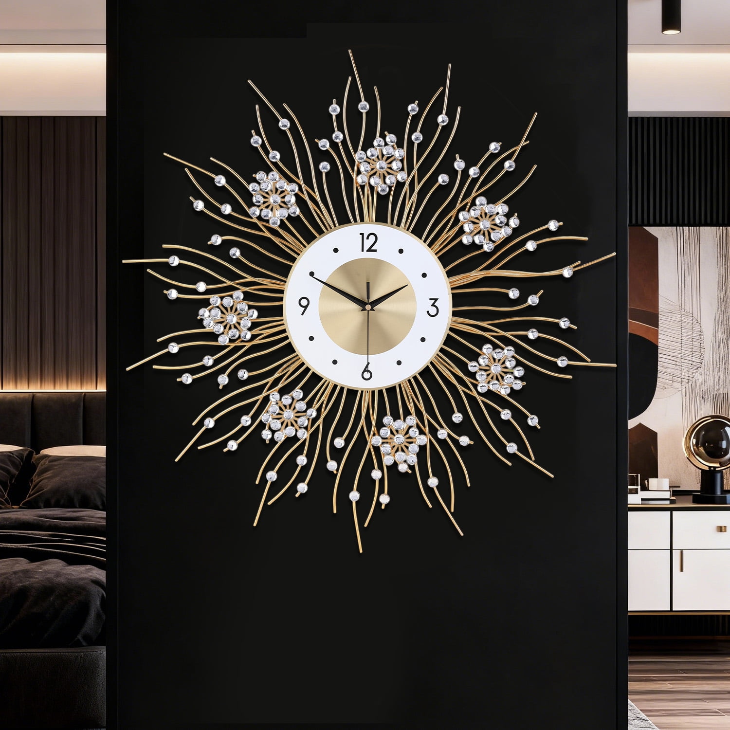 Luxury Sunburst Wall Clock with Crystal Accents -27.5 Inches Clock  Christmas & New Year Modern Decor for Living Room, Bedroom, Office
