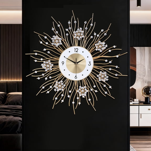 Luxury Sunburst Wall Clock with Crystal Accents -27.5 Inches Clock Christmas & New Year Modern Decor for Living Room, Bedroom, Office