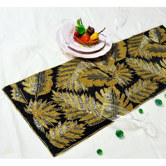 Luxury Table Runner, Beaded Table Runner, Black and Gold Table Runner, Designer Leaves Table Runner 13*36 Inches