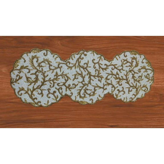 Luxury Table Runner, Hand Beaded Spring Table Runner, White And Gold Dining Table Topper 13X36 Inch