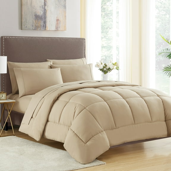 Luxury 7 Piece Bed-in-a-Bag Down Alternative Comforter and Sheet Set - Taupe - King