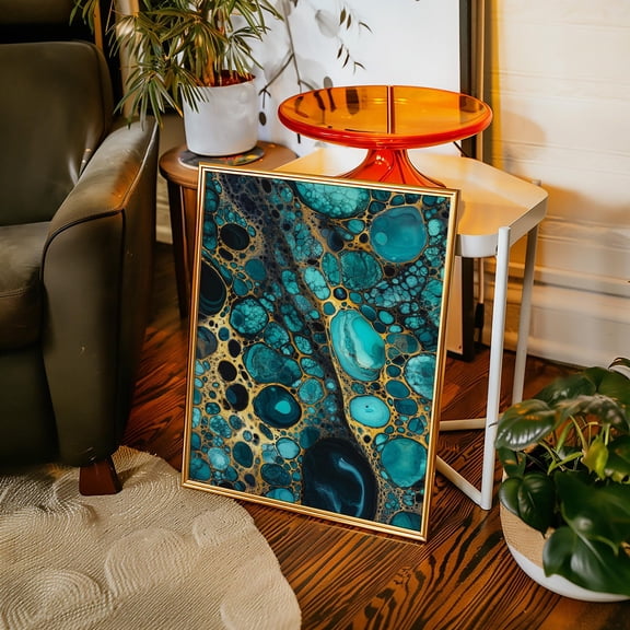 Luxury Teal and Gold Abstract Fluid Art with Marble Cell Patterns for Modern Glam Home or Office Wall Decor, home decor, art print, gallery wall, living room art, Unframed Poster 8x12