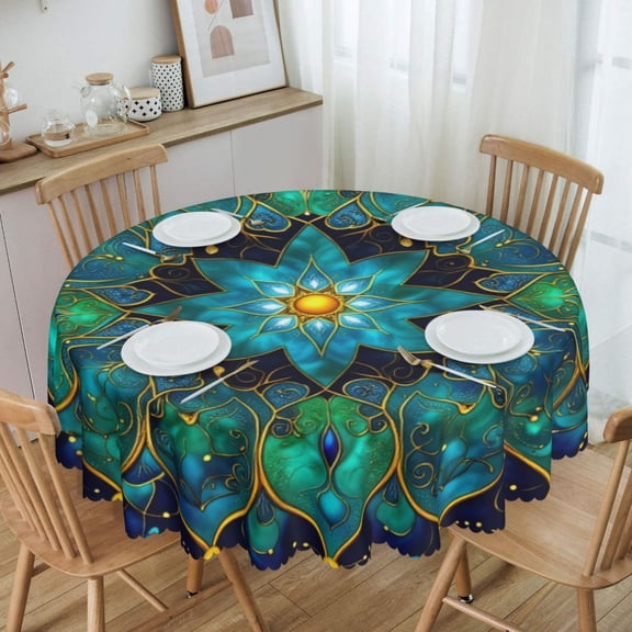 Luxury Teal Gold Stained Glass Mandala Round Tablecloth Waterproof Oil Proof Spill Proof Table Cloth 70" for Camping, Dining, Indoor and Outdoor Table Cover